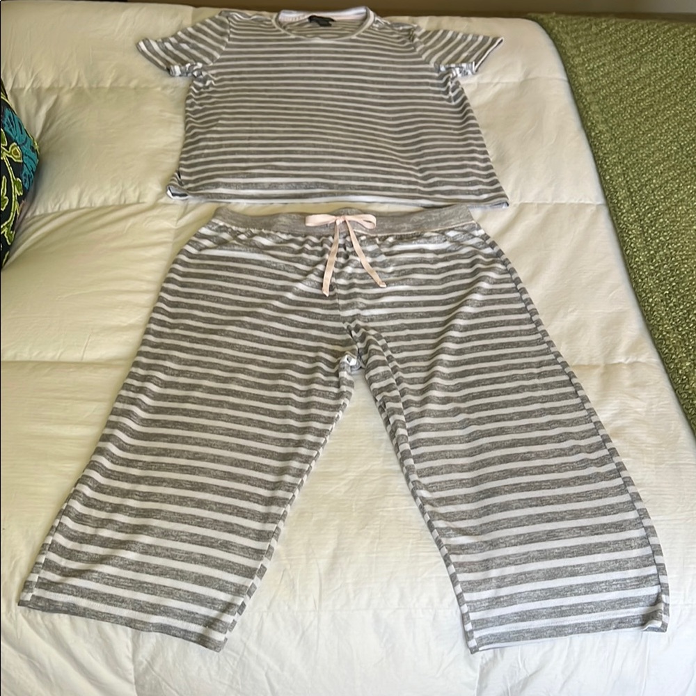 Rene Rofe Gray and White Striped Short Sleeve lounge shirt and capris